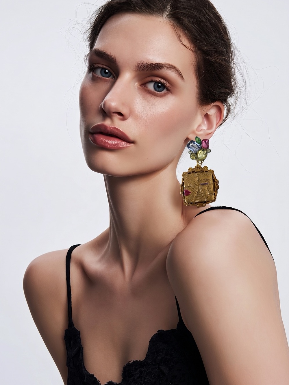 Up cycle Gold tone Statement Drop Earrings with Multicolor Gem Accents